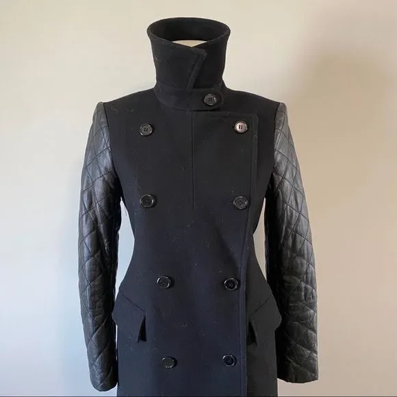 Club Monaco Carolina Wool Pea Coat Leather Sleeves - Picture 8 of 16
